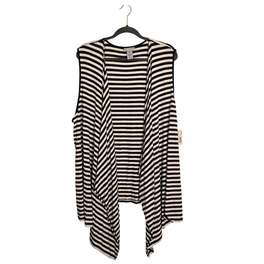 NEW Nautical Striped Open Front Stretch Knit Layering Vest Navy White 3X Coastal